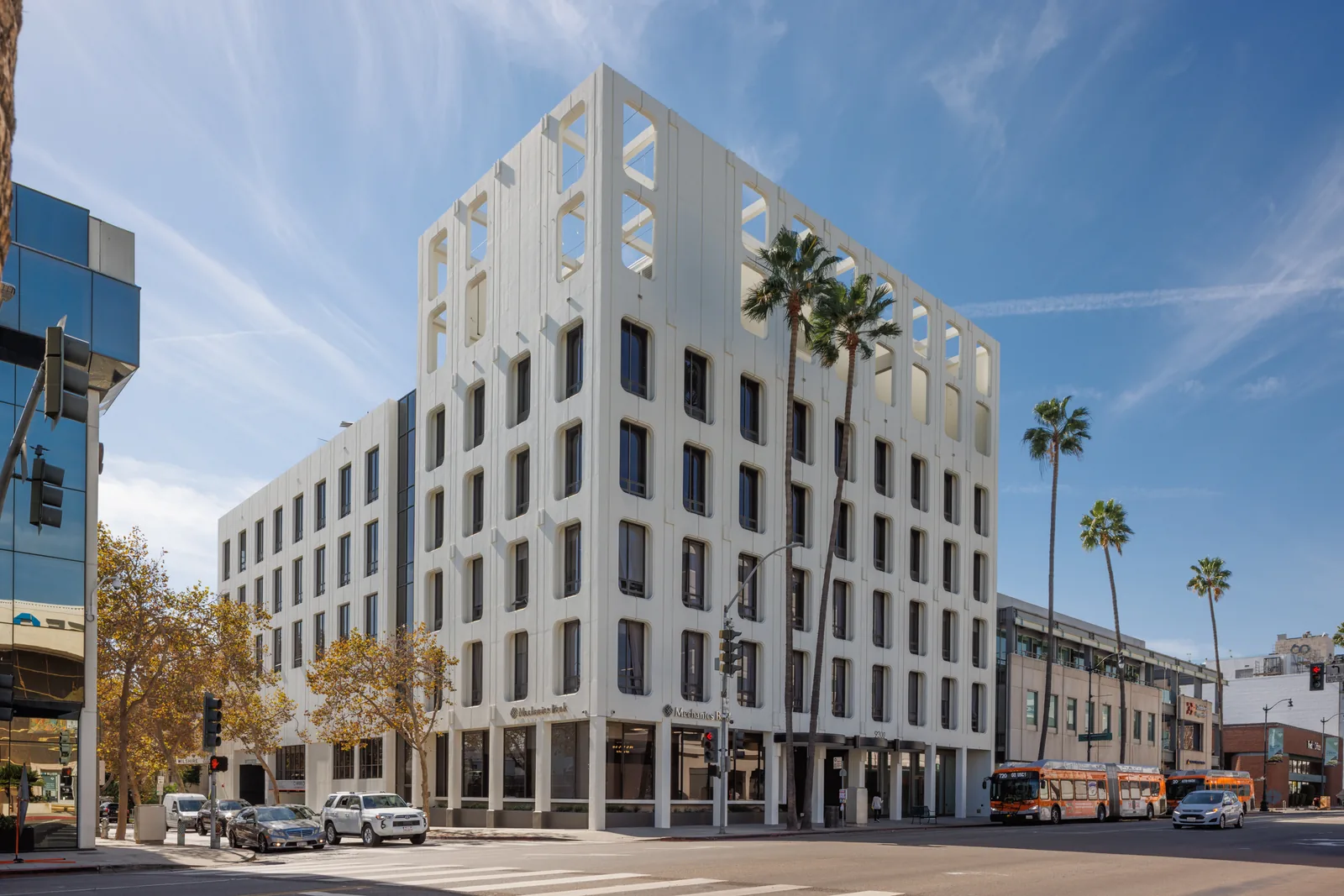 The sculptural white facade of 9300 Wilshire